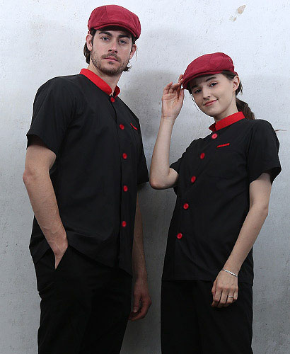 KO-1825 검정적띠 배색 싱글단추 반팔 조리복