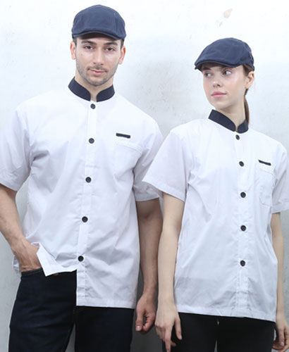 KO-1823 백색네이비띠 배색 싱글단추 반팔 조리복