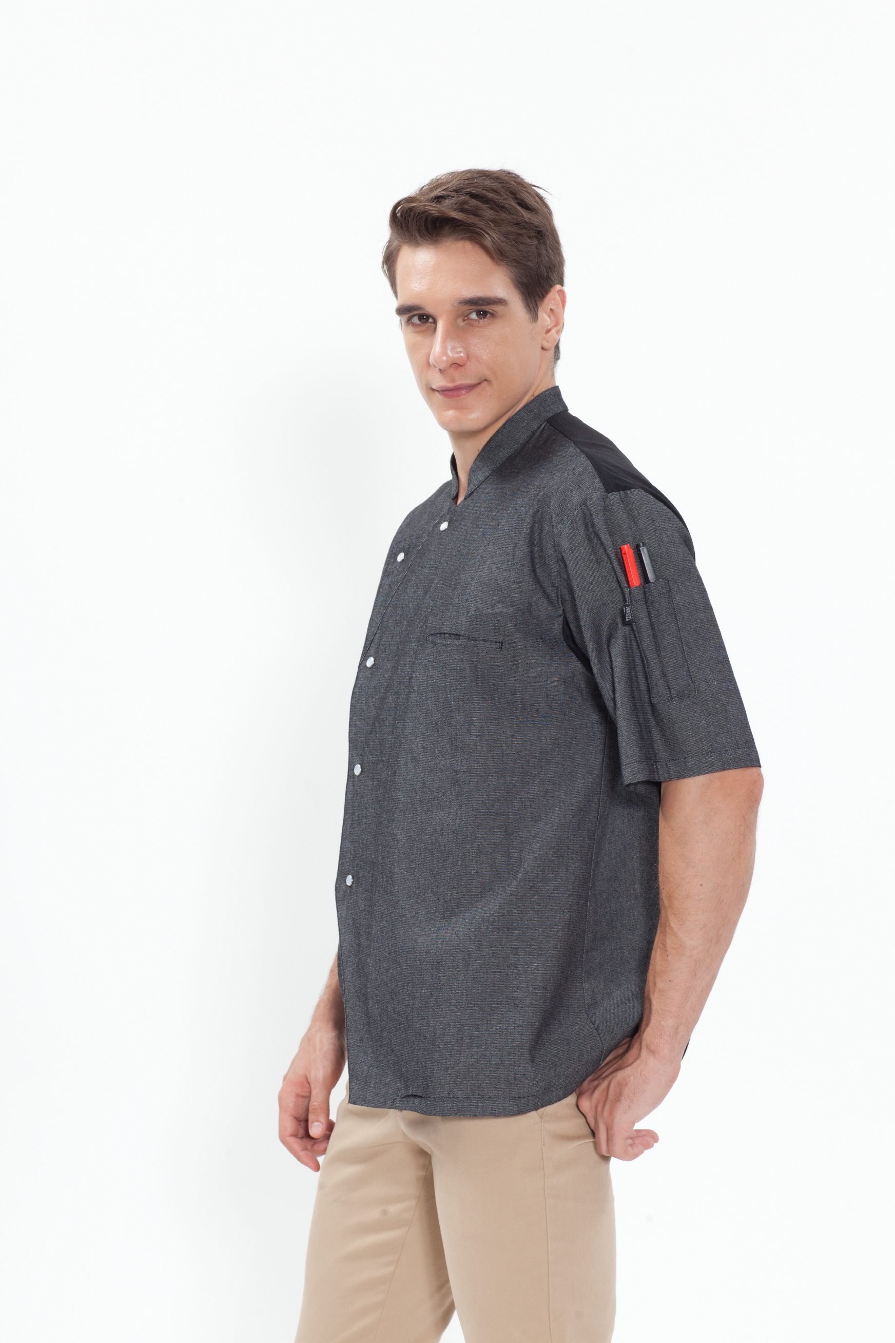 KO-140 반팔 진회색 데님 싱글단추 스넵  (겨드랑이/등판 쿨메시)