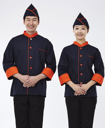 CO-022 주황 배색 곤색 조리복 (칠부,긴팔 겸용)